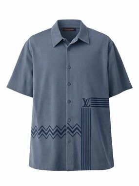 Louis Vuitton Men's Slate Blue Short-Sleeve Button-Down Shirt with LV Motif